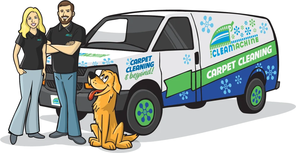 Illustration of Mel, Russ and Summer the golden retriever beside The Clean Machine van