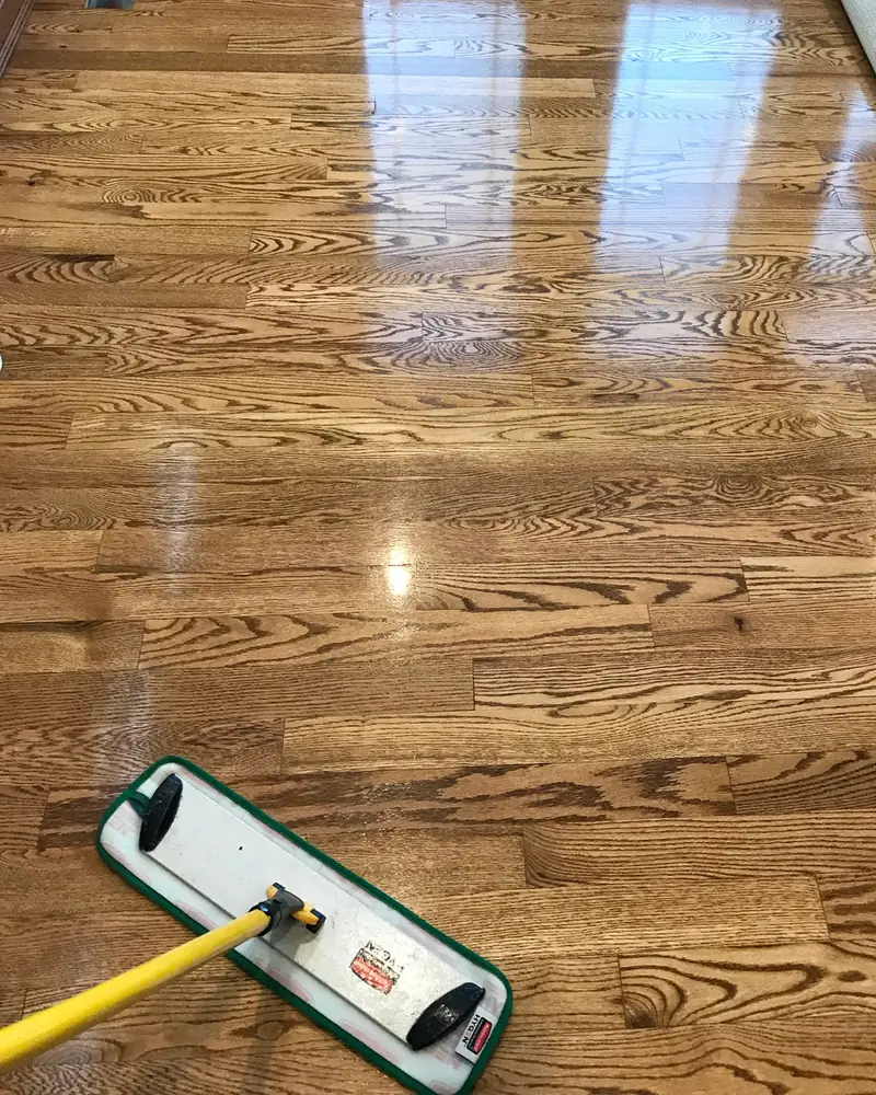 A flat mop on a clean oak floor
