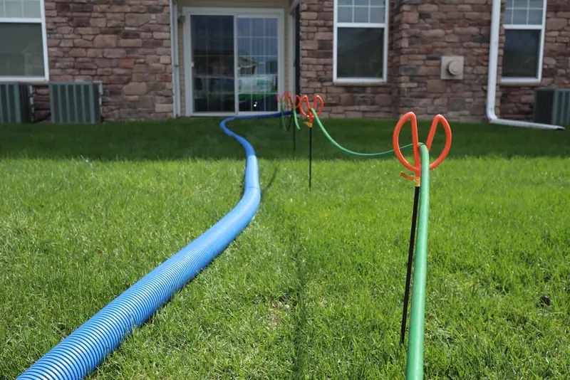 A blue hose running across a lawn to a brick home
