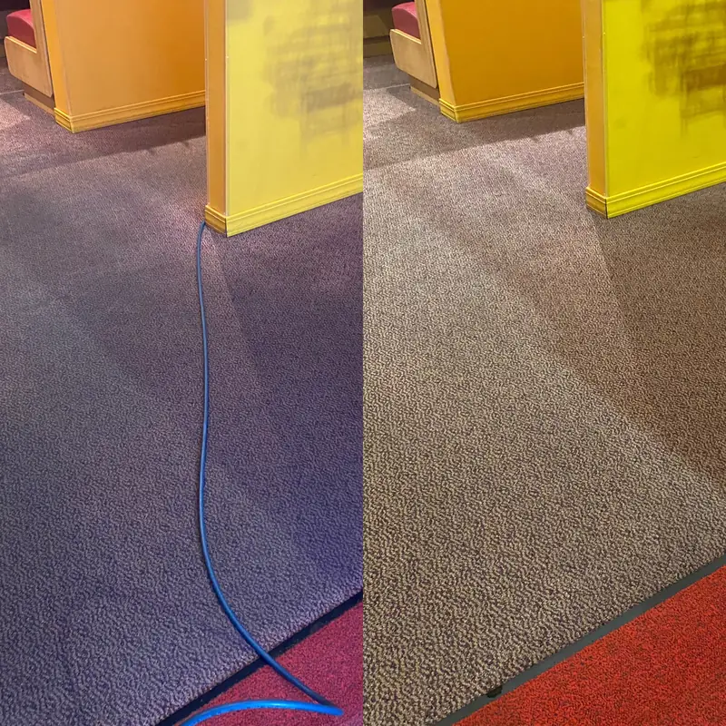 A restaurant carpet shown twice, dull on the left and clean on the right
