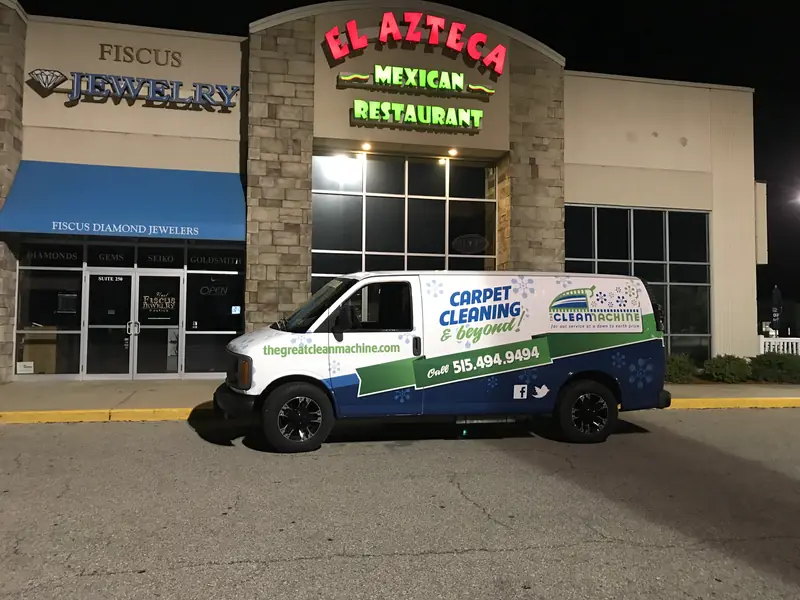 The van outside El Azteca Mexican Restaurant at night